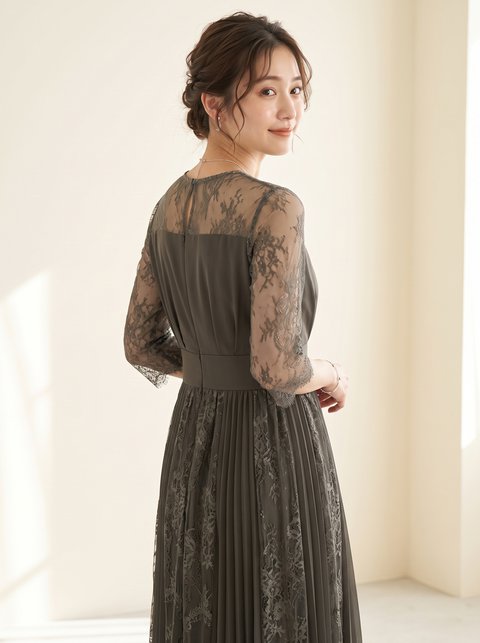袖あり胸元切り替えレースワンピース(グリーン系・Lサイズ)| 名古屋のレンタルドレス24DRESS