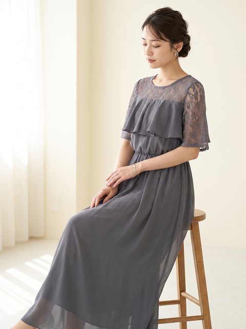 胸元フリルのレースドレス(ホワイト・グレー系・Lサイズ)| 名古屋のレンタルドレス24DRESS