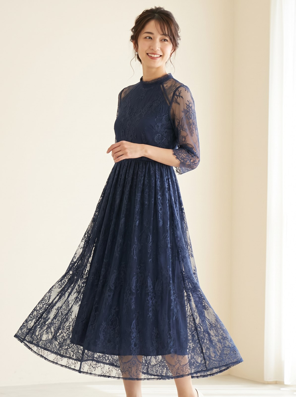 ハイネック 総レース 5分袖 結婚式ワンピース（ネイビー・ブルー系・Sサイズ）| 名古屋のレンタルドレス24DRESS