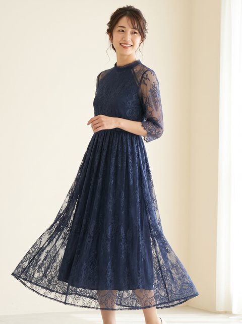 ハイネック 総レース 5分袖 結婚式ワンピース(ネイビー・ブルー系・Sサイズ)| 名古屋のレンタルドレス24DRESS