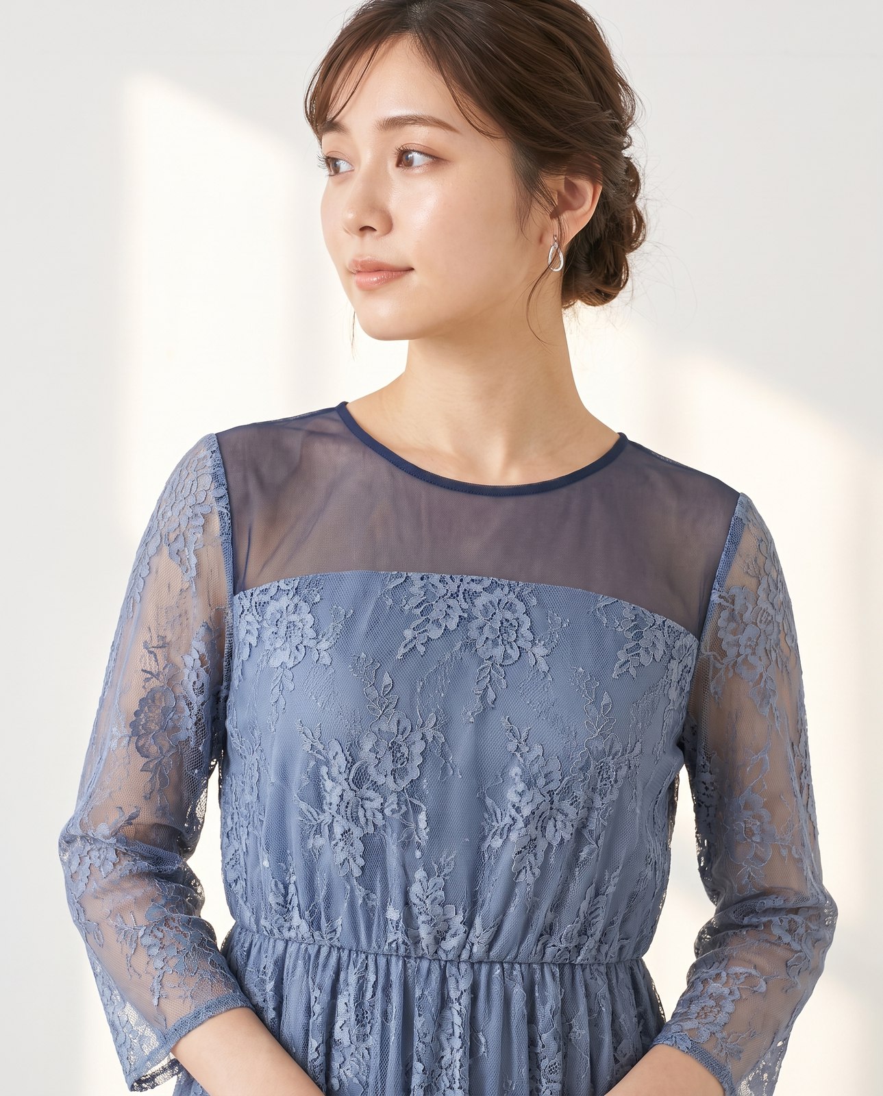 シアーヨーク総レース パーティードレス（ネイビー・ブルー系・XLサイズ）| 名古屋のレンタルドレス24DRESS 写真2
