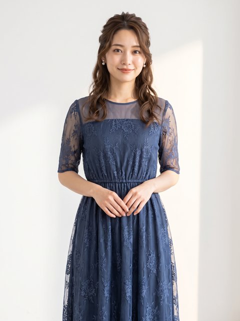 シアーヨーク総レース パーティードレス(ネイビー・ブルー系・XLサイズ)| 名古屋のレンタルドレス24DRESS