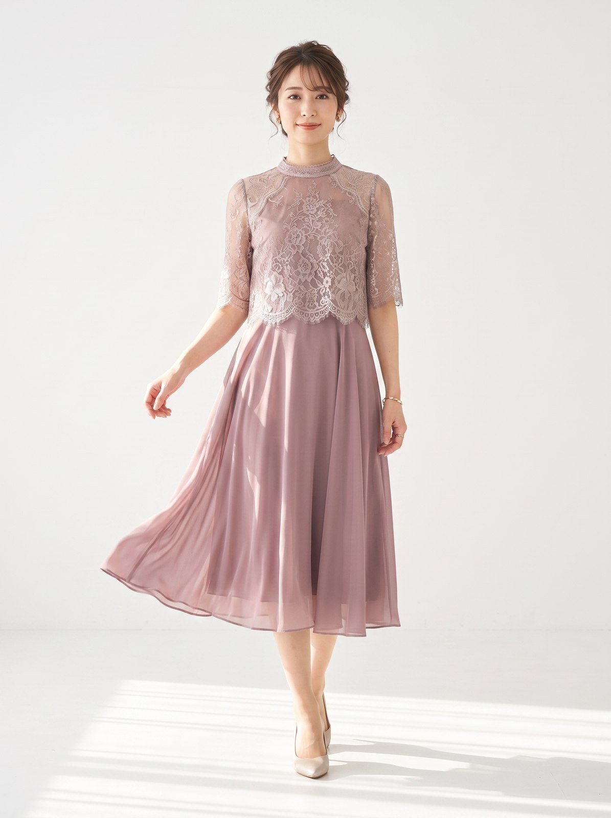 レースハイネックフレアミドルドレス(レッド・ピンク系・Mサイズ)| 名古屋のレンタルドレス24DRESS