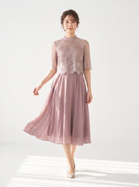 レースハイネックフレアミドルドレス(レッド・ピンク系・Mサイズ)| 名古屋のレンタルドレス24DRESS