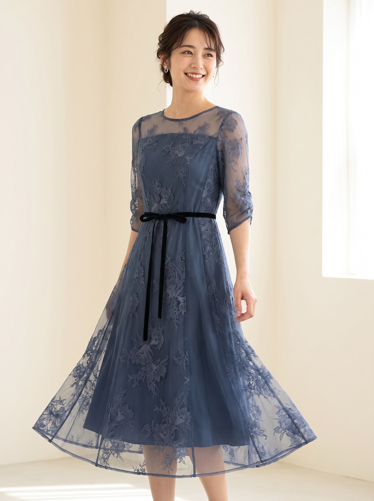 チュール×レースパネル切替ドレス(ネイビー・ブルー系・Sサイズ)| 名古屋のレンタルドレス24DRESS