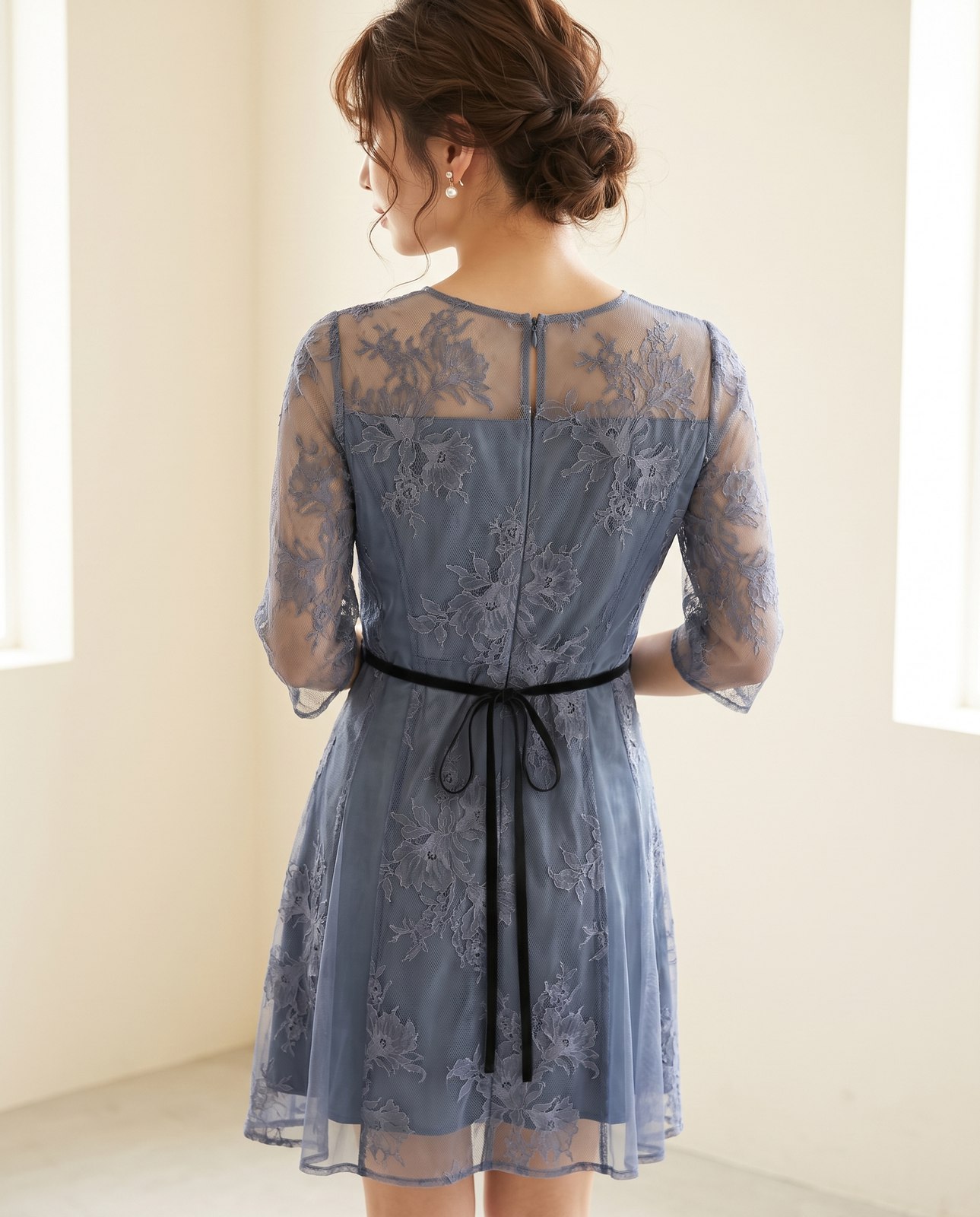 チュール×レースパネル切替ドレス（ネイビー・ブルー系・Sサイズ）| 名古屋のレンタルドレス24DRESS 写真2