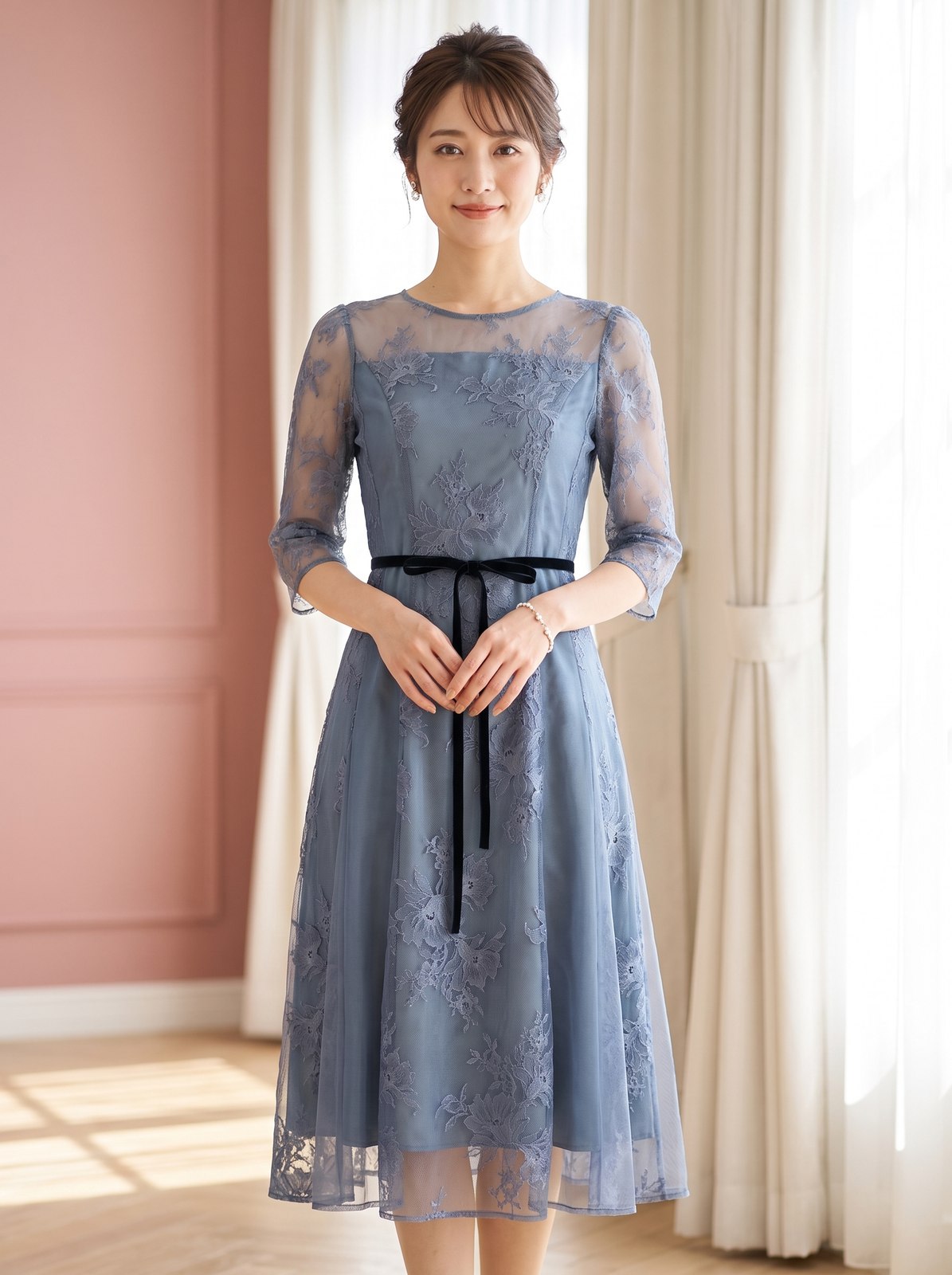 チュール×レースパネル切替ドレス(ネイビー・ブルー系・Mサイズ)| 名古屋のレンタルドレス24DRESS