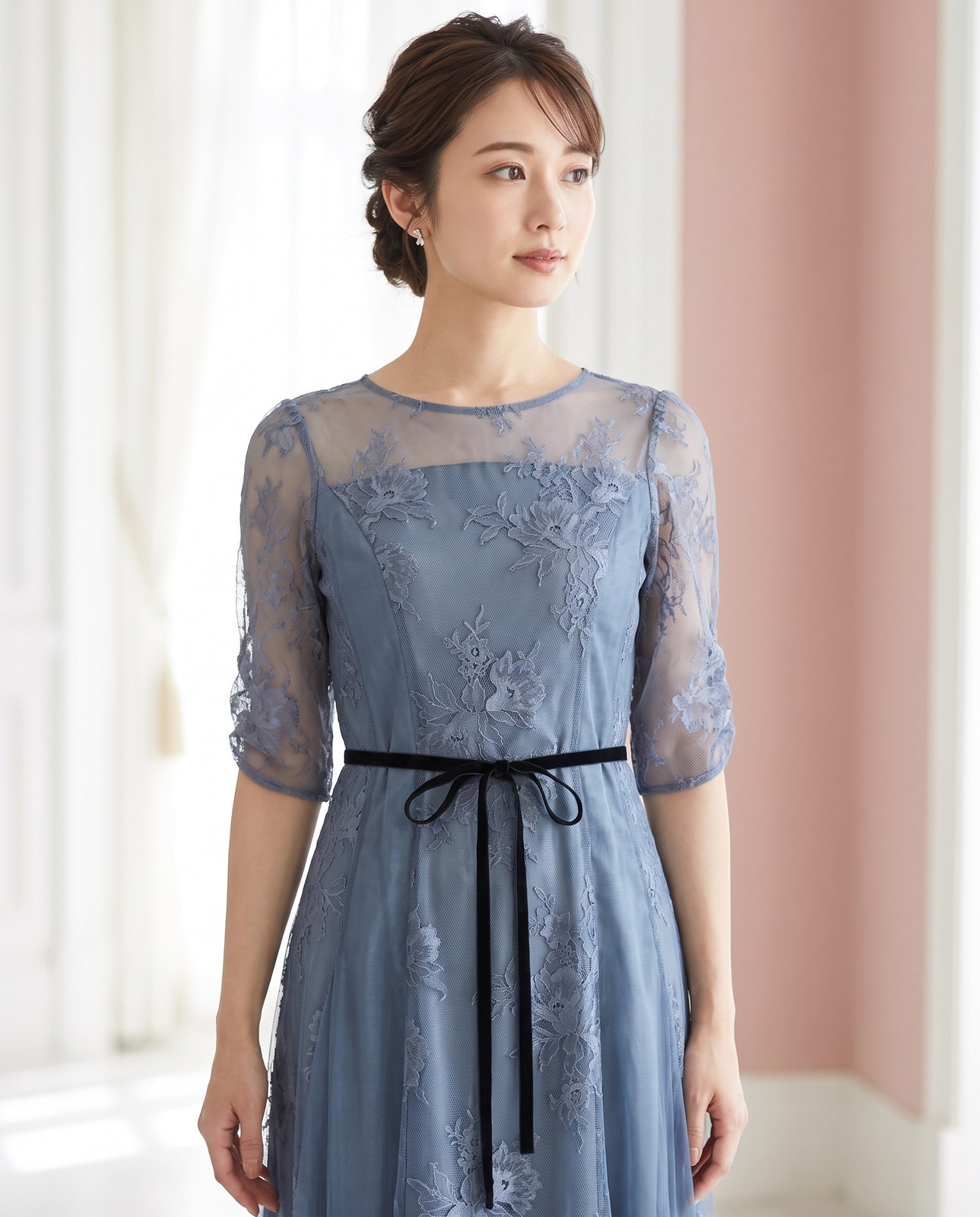 チュール×レースパネル切替ドレス（ネイビー・ブルー系・Mサイズ）| 名古屋のレンタルドレス24DRESS 写真2