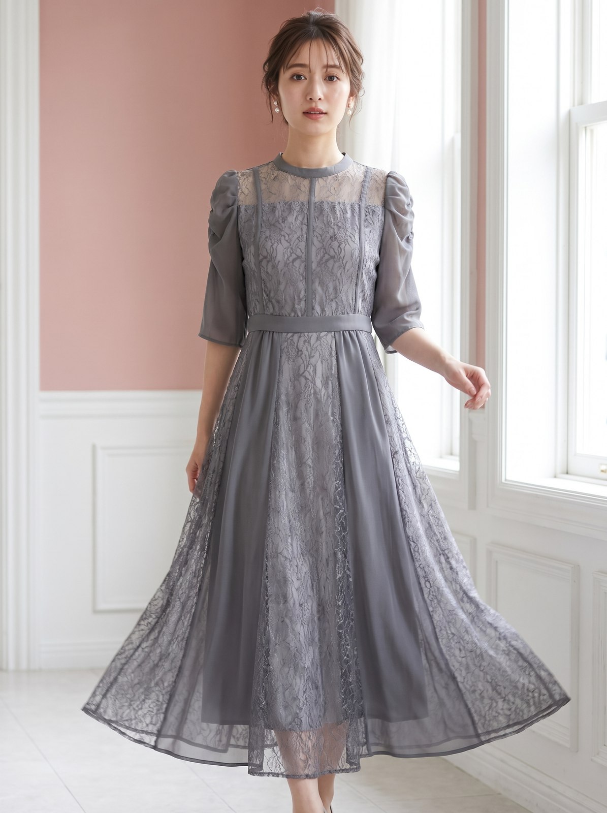 シフォン切り替えレースドレス(ホワイト・グレー系・Sサイズ)| 名古屋のレンタルドレス24DRESS