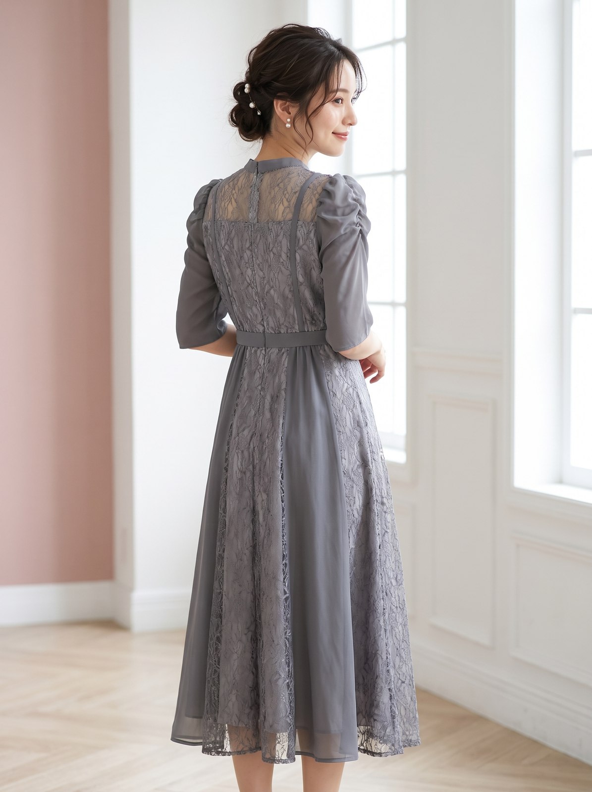 シフォン切り替えレースドレス(ホワイト・グレー系・Mサイズ)| 名古屋のレンタルドレス24DRESS