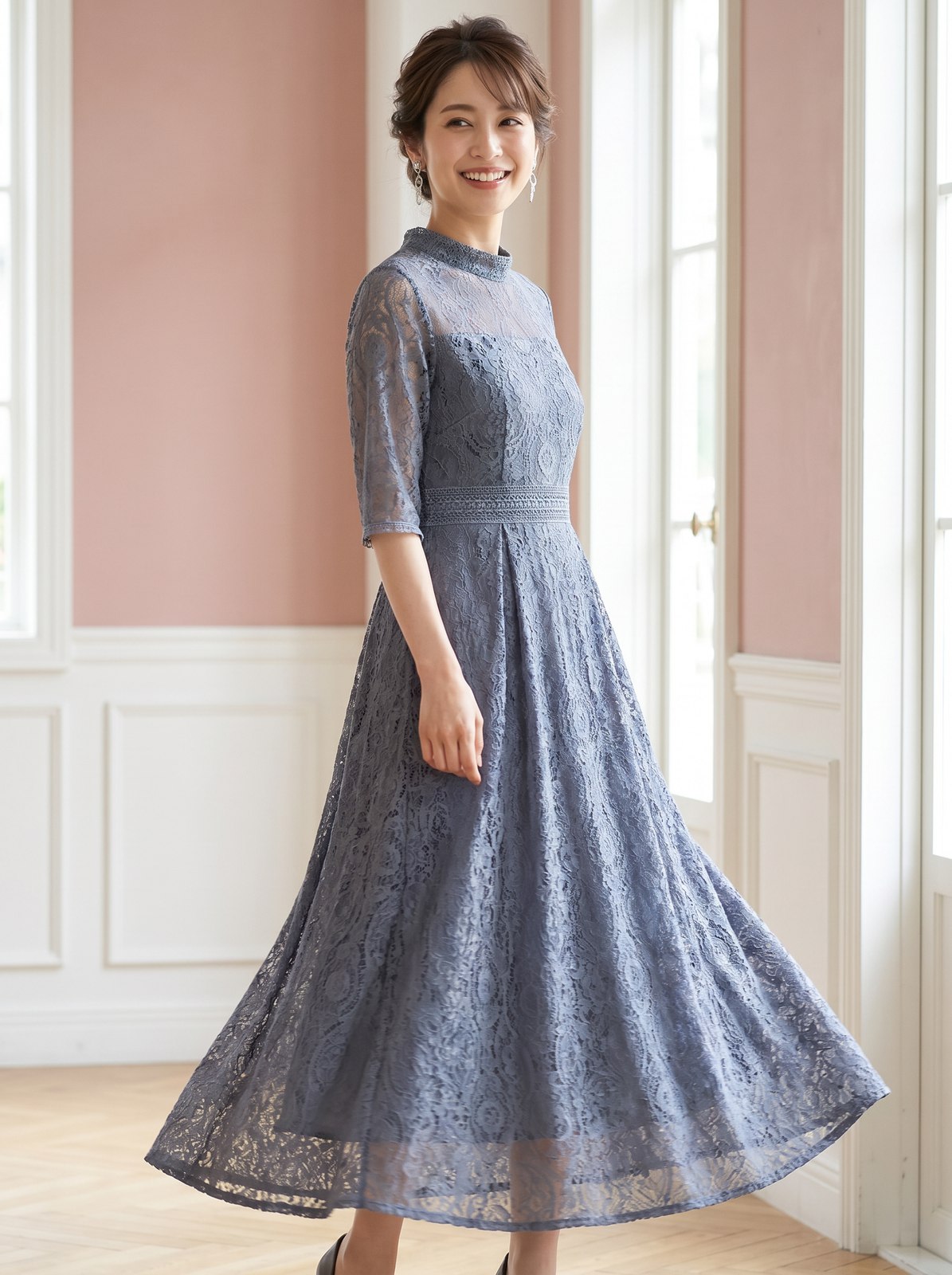 スタンドカラーパネル刺繍レースドレス（ネイビー・ブルー系・Mサイズ）| 名古屋のレンタルドレス24DRESS