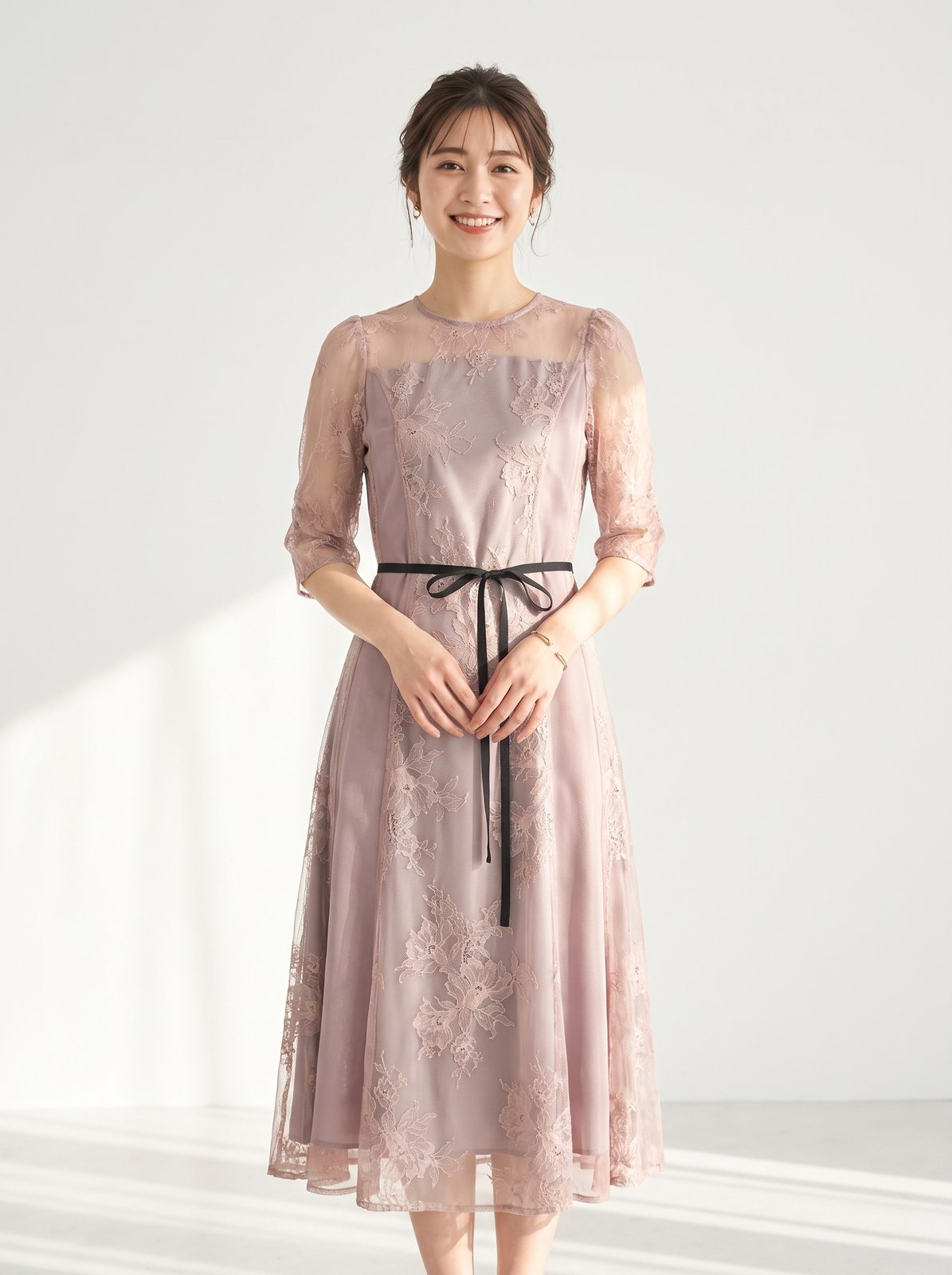 チュール×レースパネル切替ドレス（レッド・ピンク系・Sサイズ）| 名古屋のレンタルドレス24DRESS