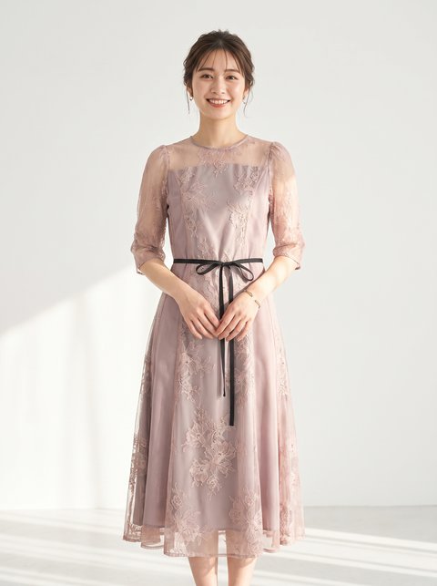 チュール×レースパネル切替ドレス(レッド・ピンク系・Sサイズ)| 名古屋のレンタルドレス24DRESS