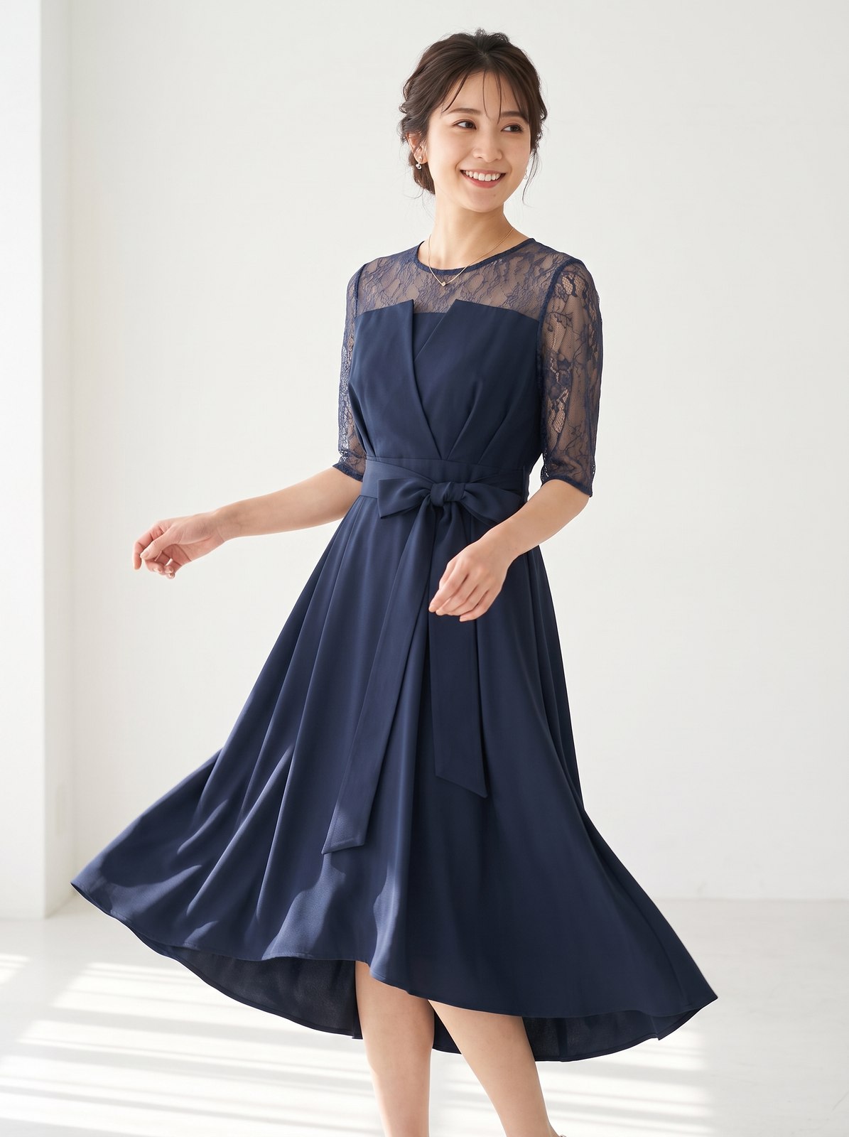 ウエストリボン レーススリーブドレス(ネイビー・ブルー系・Mサイズ)| 名古屋のレンタルドレス24DRESS