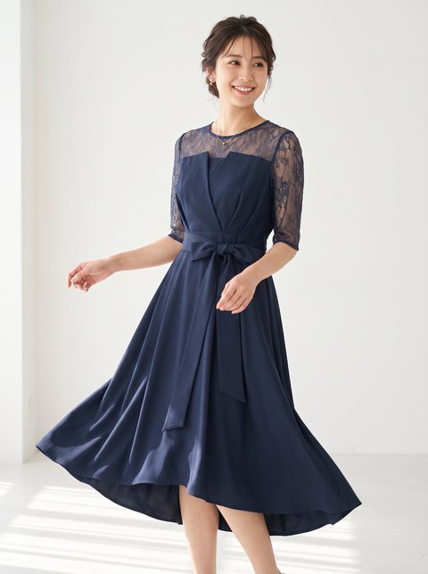 ウエストリボン レーススリーブドレス（ネイビー・ブルー系・Mサイズ）| 名古屋のレンタルドレス24DRESS