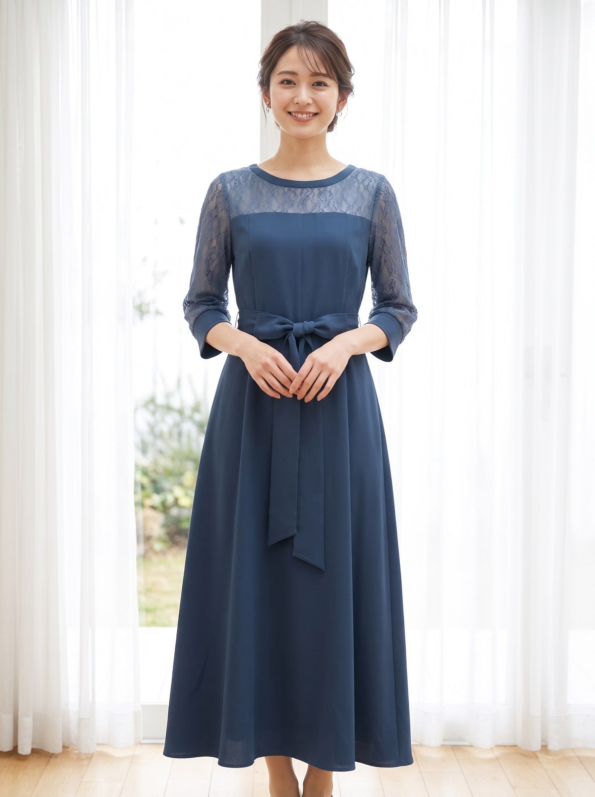 袖あり&ミモレ丈パーティードレス2WAYリボン大きいサイズ結婚式フォーマル(ネイビー・ブルー系・Lサイズ)| 名古屋のレンタルドレス24DRESS