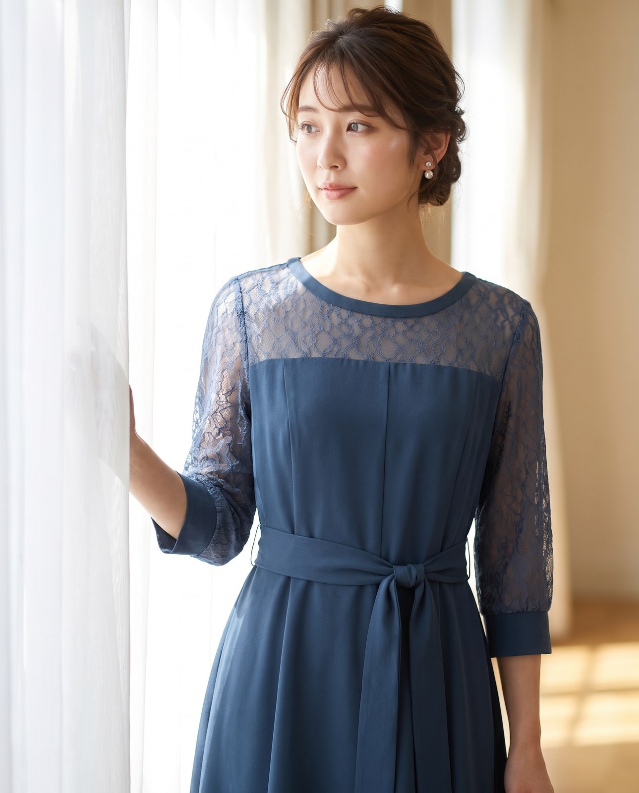 袖あり&ミモレ丈パーティードレス2WAYリボン大きいサイズ結婚式フォーマル（ネイビー・ブルー系・Lサイズ）| 名古屋のレンタルドレス24DRESS 写真2