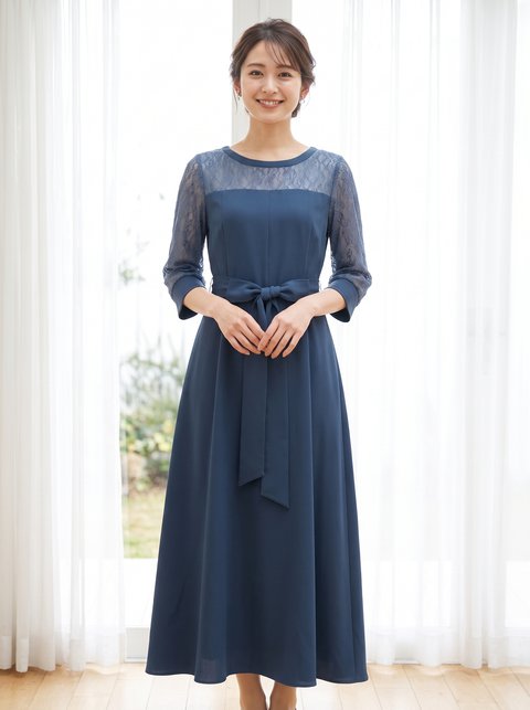 袖あり&ミモレ丈パーティードレス2WAYリボン大きいサイズ結婚式フォーマル（ネイビー・ブルー系・Lサイズ）| 名古屋のレンタルドレス24DRESS