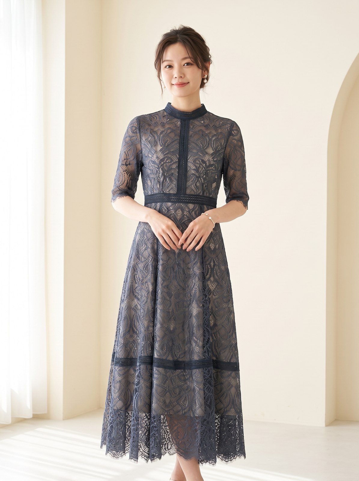 スタンドカラー総レース Aラインロングドレス(ネイビー・ブルー系・Mサイズ)| 名古屋のレンタルドレス24DRESS