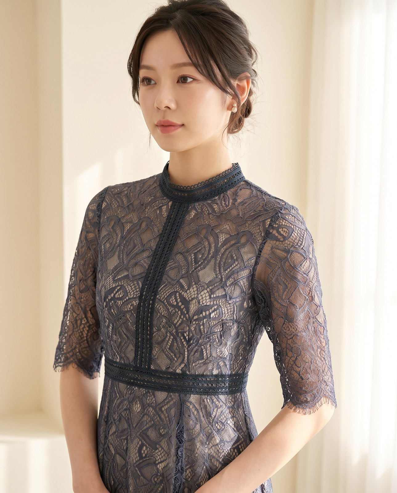 スタンドカラー総レース Aラインロングドレス（ネイビー・ブルー系・Mサイズ）| 名古屋のレンタルドレス24DRESS 写真2