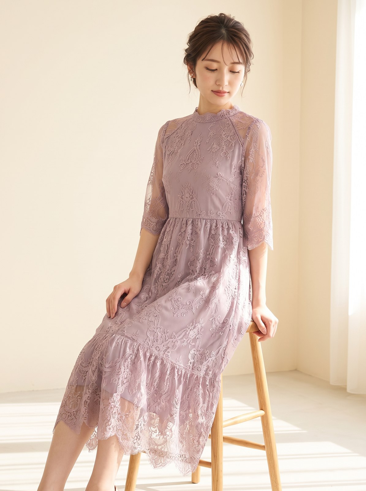 スタンドカラーレース ティアードロングドレス(レッド・ピンク系・XLサイズ)| 名古屋のレンタルドレス24DRESS