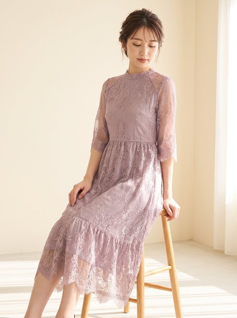 スタンドカラーレース ティアードロングドレス(レッド・ピンク系・XLサイズ)| 名古屋のレンタルドレス24DRESS