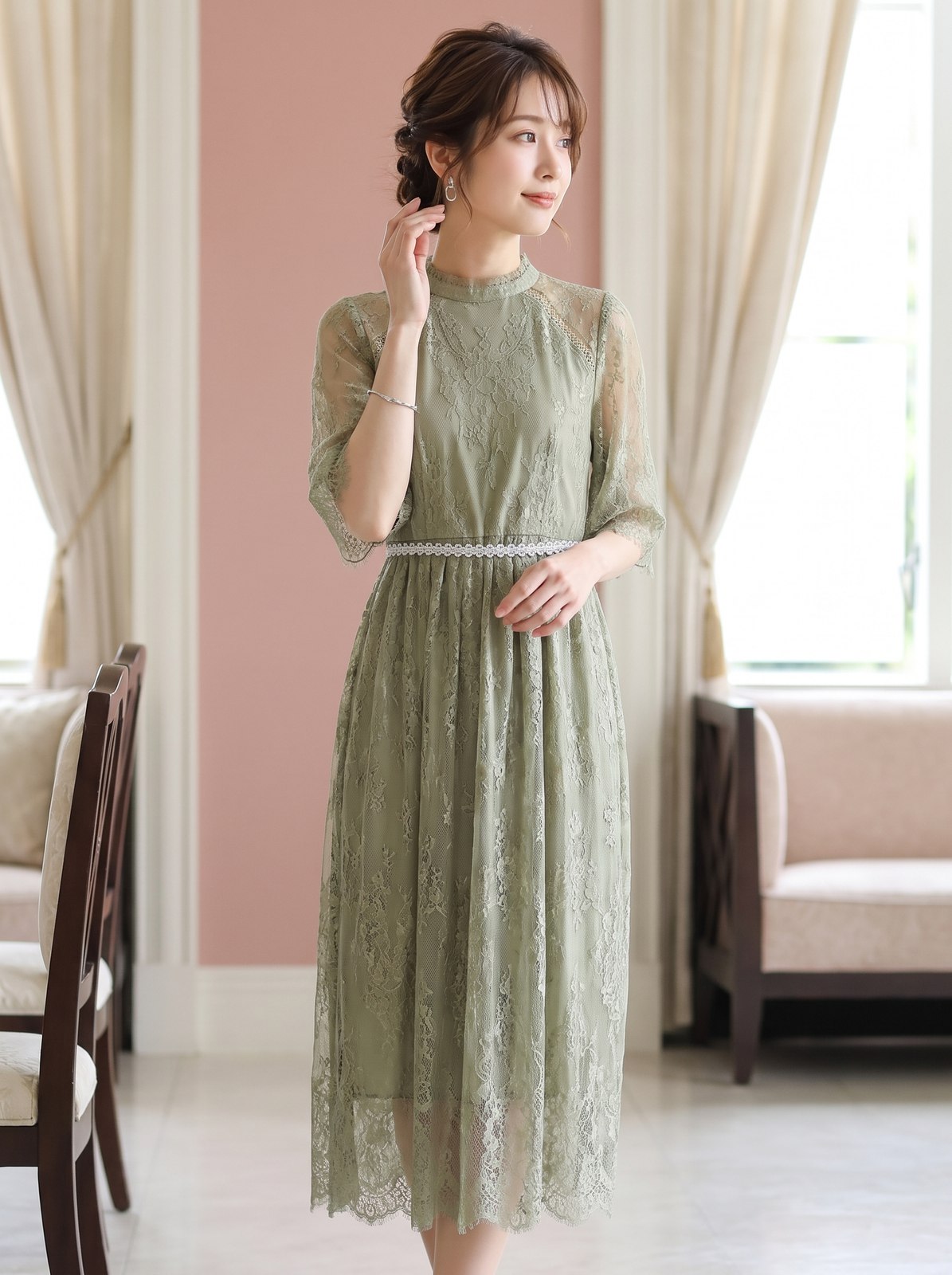 ウエストレースベルト グリーンレースドレス(グリーン系・Mサイズ)| 名古屋のレンタルドレス24DRESS