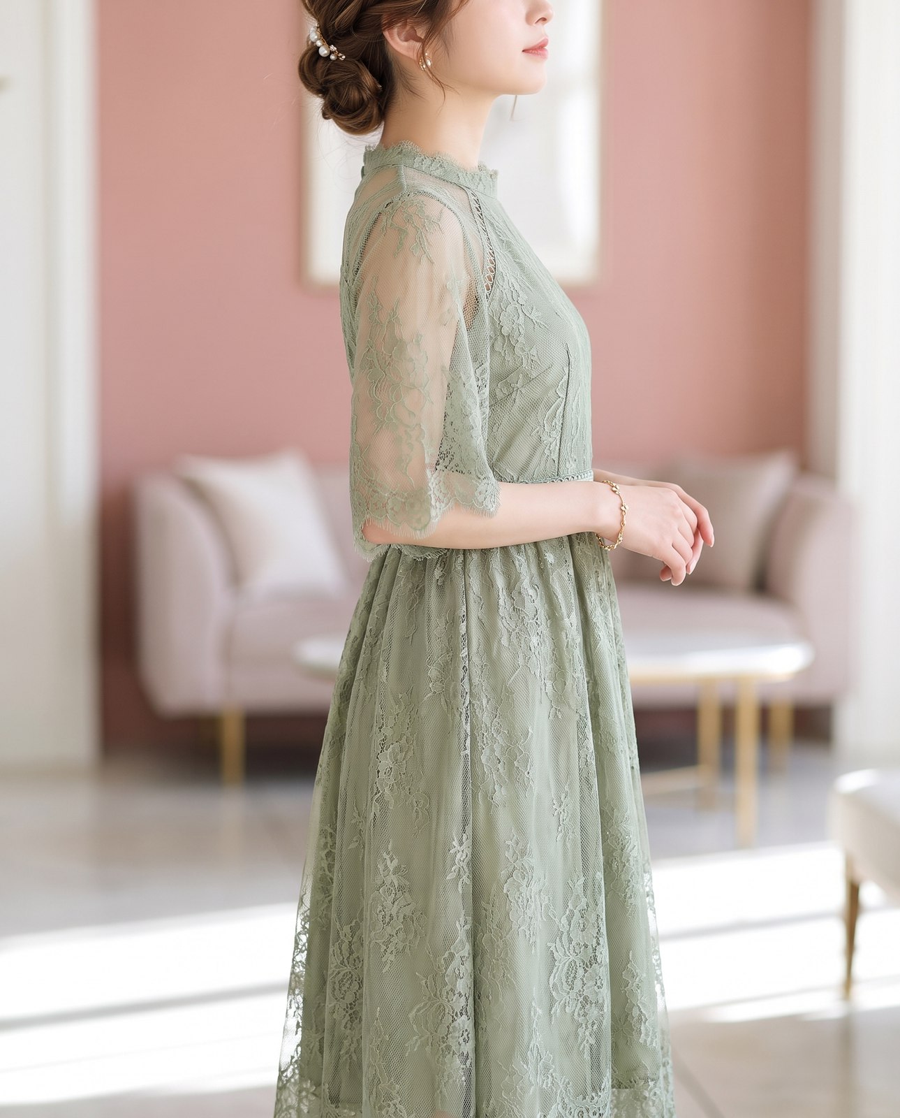 ウエストレースベルト グリーンレースドレス（グリーン系・Mサイズ）| 名古屋のレンタルドレス24DRESS 写真2