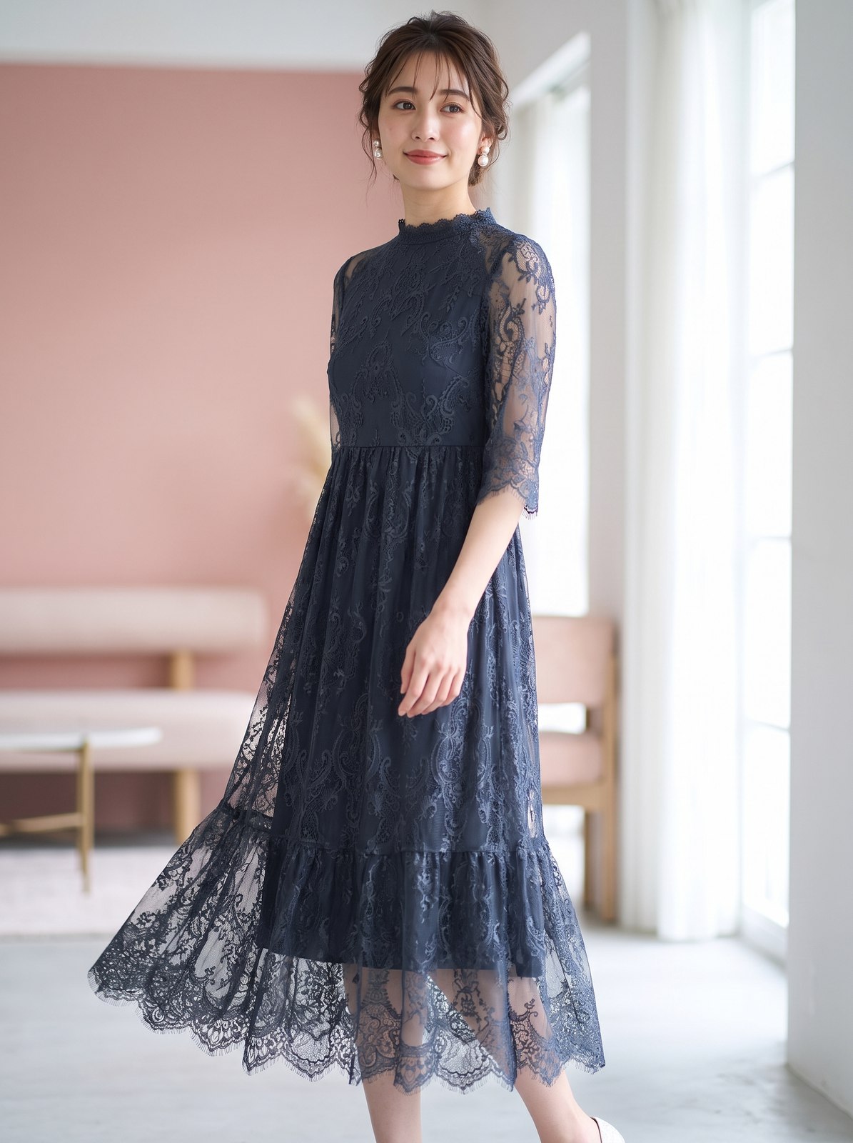 フリルネック総レース ティアードドレス(ネイビー・ブルー系・Mサイズ)| 名古屋のレンタルドレス24DRESS