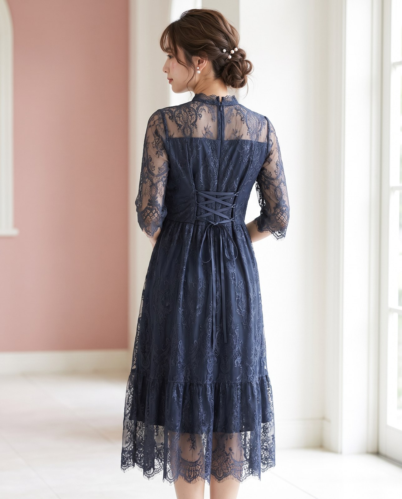 フリルネック総レース ティアードドレス（ネイビー・ブルー系・Mサイズ）| 名古屋のレンタルドレス24DRESS 写真2