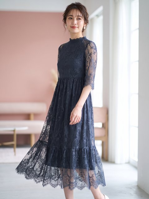 フリルネック総レース ティアードドレス(ネイビー・ブルー系・Mサイズ)| 名古屋のレンタルドレス24DRESS