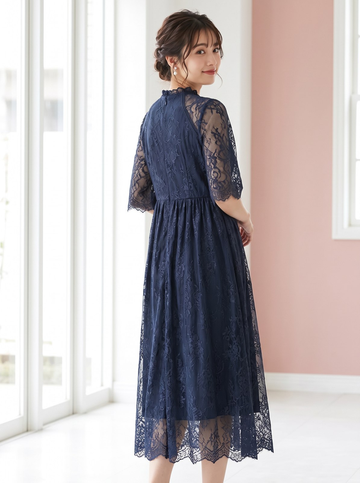 スカラップ総レース ギャザーパーティードレス（ネイビー・ブルー系・Lサイズ）| 名古屋のレンタルドレス24DRESS