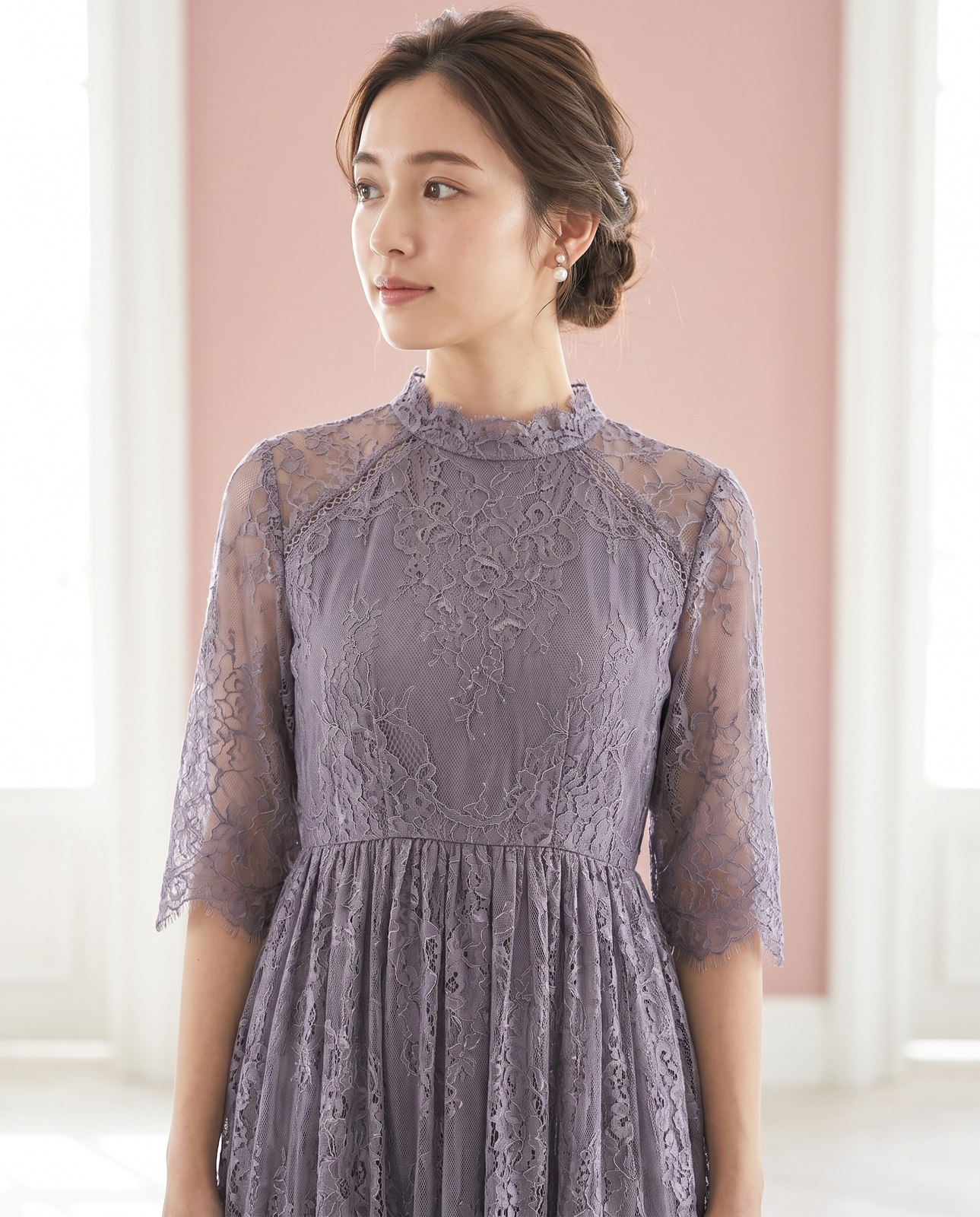 スカラップ総レース ギャザーパーティードレス（ネイビー・ブルー系・Lサイズ）| 名古屋のレンタルドレス24DRESS 写真2