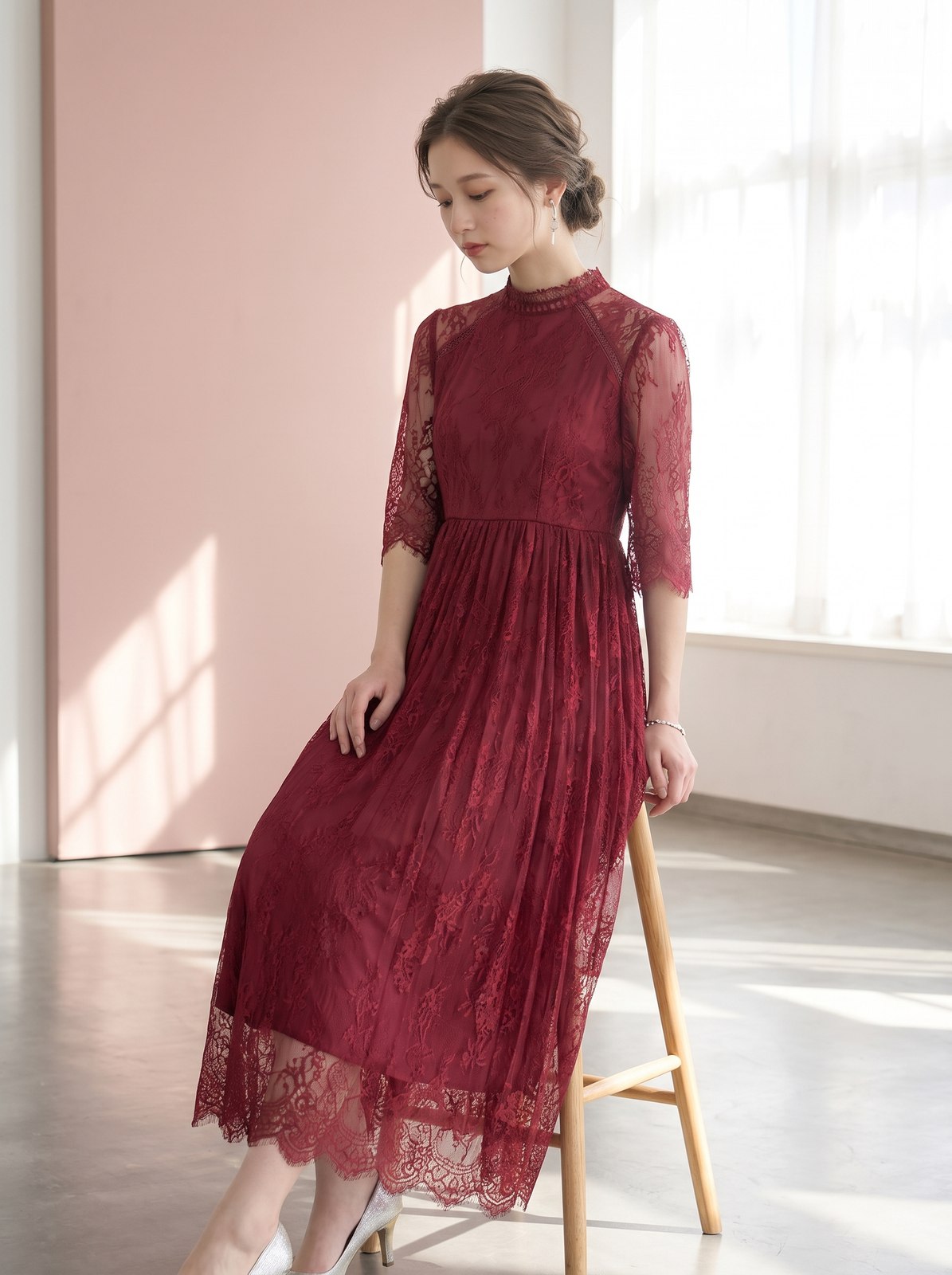 ハイネック総レース クラシカルドレス(レッド・ピンク系・Mサイズ)| 名古屋のレンタルドレス24DRESS