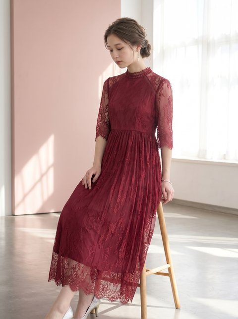 ハイネック総レース クラシカルドレス（レッド・ピンク系・Mサイズ）| 名古屋のレンタルドレス24DRESS