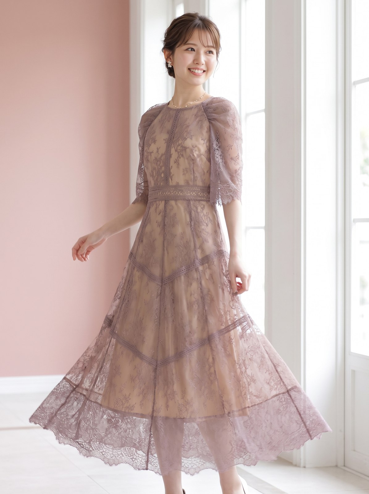 ティアードレース フレアスリーブドレス(レッド・ピンク系・Mサイズ)| 名古屋のレンタルドレス24DRESS
