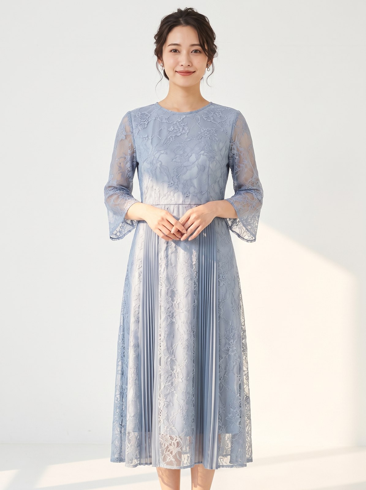 総レース×プリーツパネル 七分袖ドレス(その他・Mサイズ)| 名古屋のレンタルドレス24DRESS