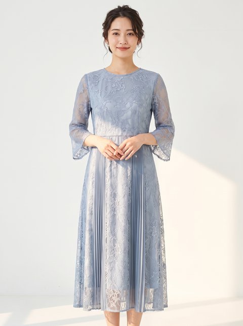 総レース×プリーツパネル 七分袖ドレス(その他・Mサイズ)| 名古屋のレンタルドレス24DRESS