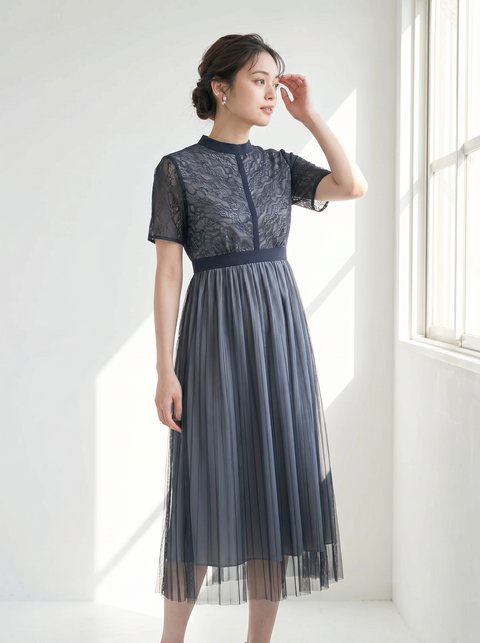 レース切り替えチュールプリーツ ミディドレス(ネイビー・ブルー系・Lサイズ)| 名古屋のレンタルドレス24DRESS