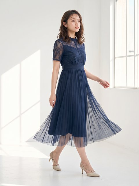 スタンドカラーレース×チュールスカートドレス(ネイビー・ブルー系・Sサイズ)| 名古屋のレンタルドレス24DRESS