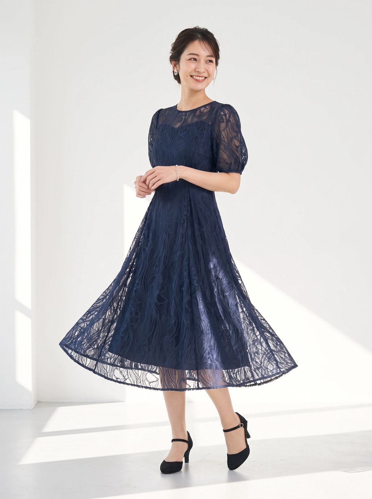 総レースパフスリーブ フレアパーティードレス(ネイビー・ブルー系・Mサイズ)| 名古屋のレンタルドレス24DRESS