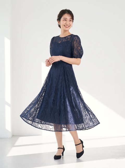 総レースパフスリーブ フレアパーティードレス（ネイビー・ブルー系・Mサイズ）| 名古屋のレンタルドレス24DRESS