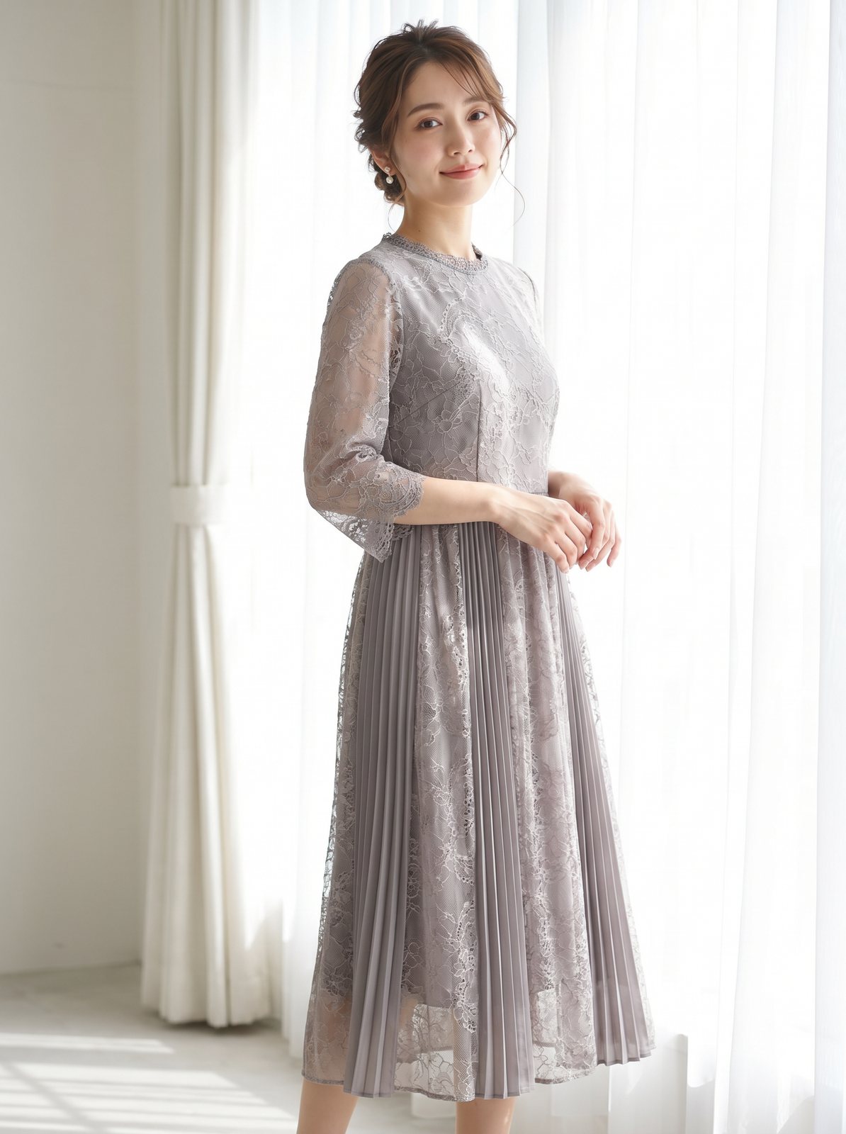 総レース×サイドプリーツ パーティードレス(その他・Lサイズ)| 名古屋のレンタルドレス24DRESS