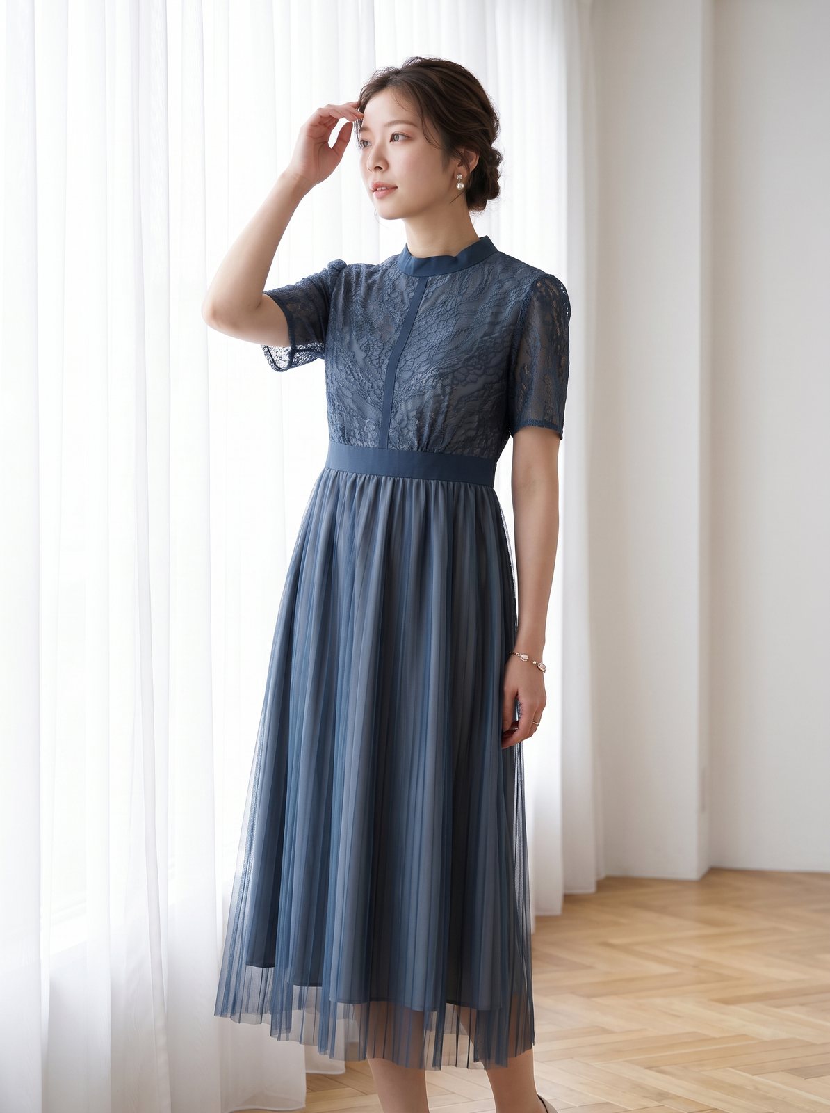 スタンドカラーレース×チュールプリーツドレス（ネイビー・ブルー系・Mサイズ）| 名古屋のレンタルドレス24DRESS