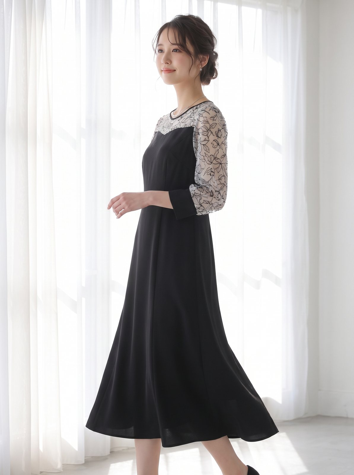 花柄シアースリーブ ブラックパーティードレス(黒(ブラック)・Mサイズ)| 名古屋のレンタルドレス24DRESS