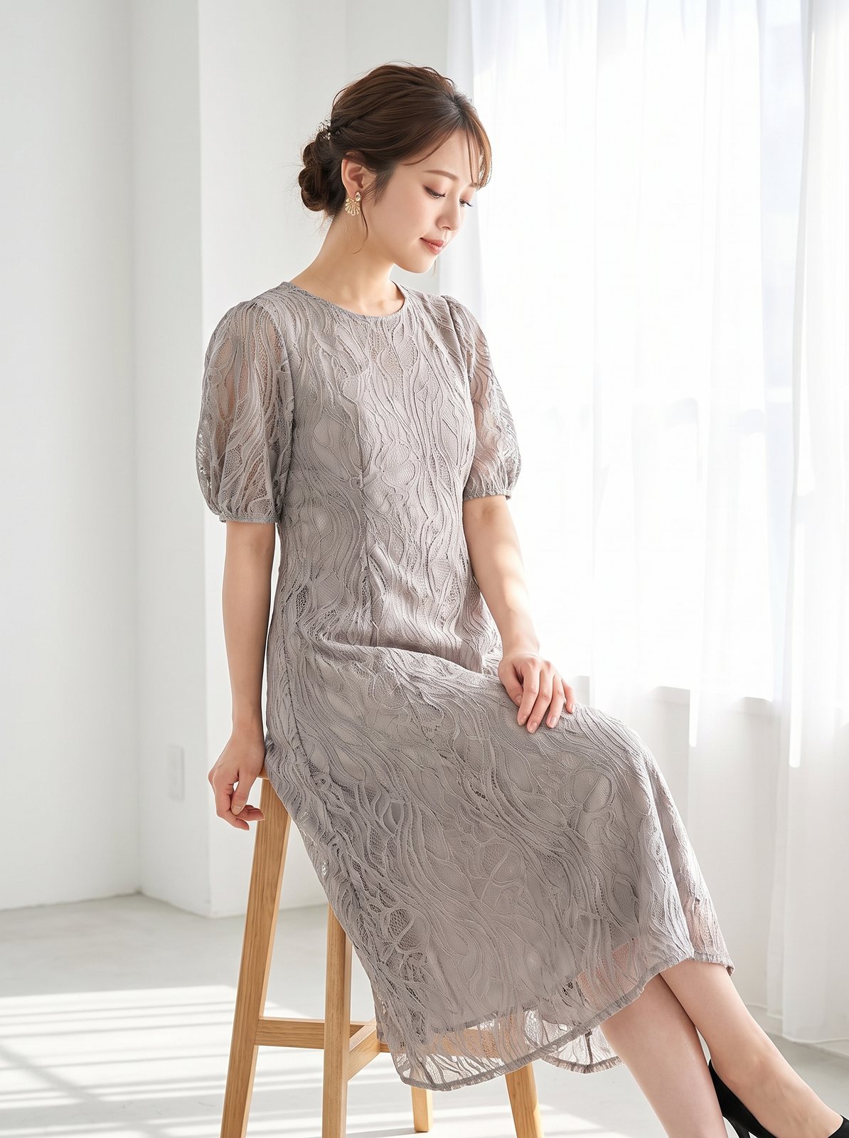 ニュアンスレース ワンピースドレス(ブラウン・ベージュ系・Mサイズ)| 名古屋のレンタルドレス24DRESS