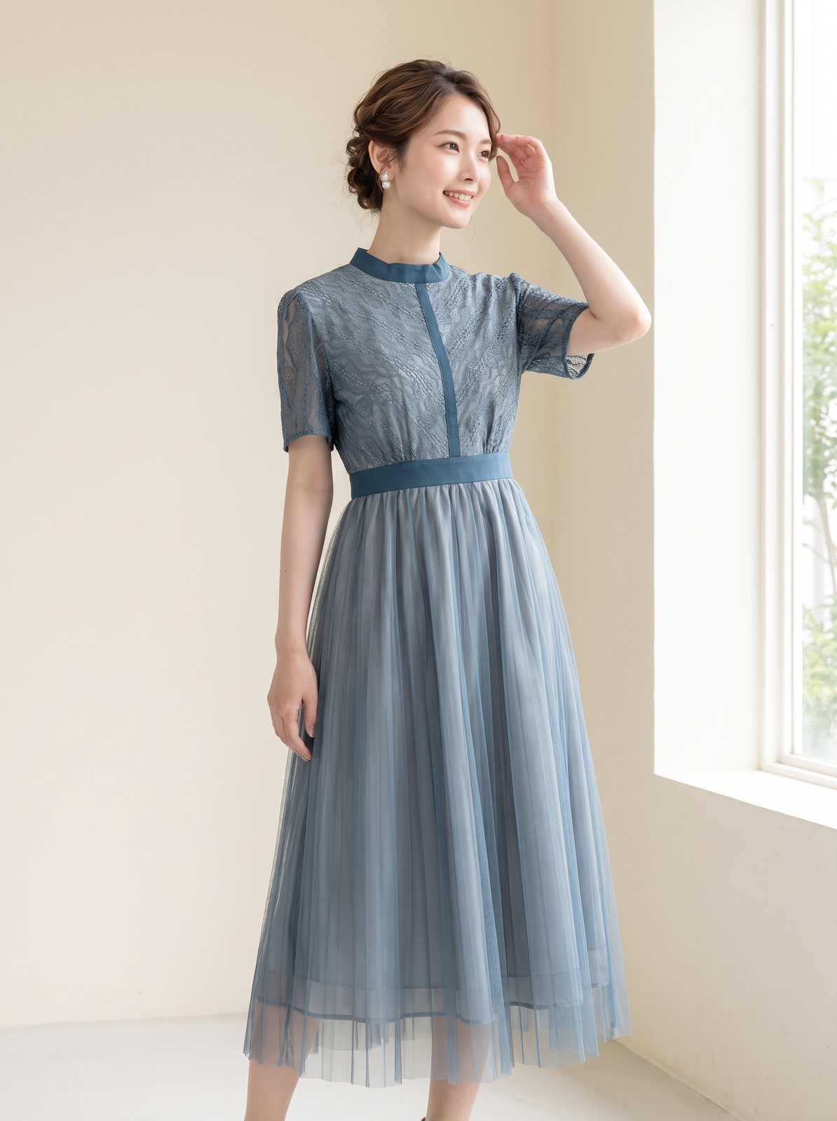 スタンドカラー チュールプリーツドレス（ネイビー・ブルー系・Mサイズ）| 名古屋のレンタルドレス24DRESS