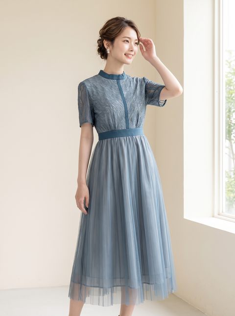 スタンドカラー チュールプリーツドレス(ネイビー・ブルー系・Mサイズ)| 名古屋のレンタルドレス24DRESS