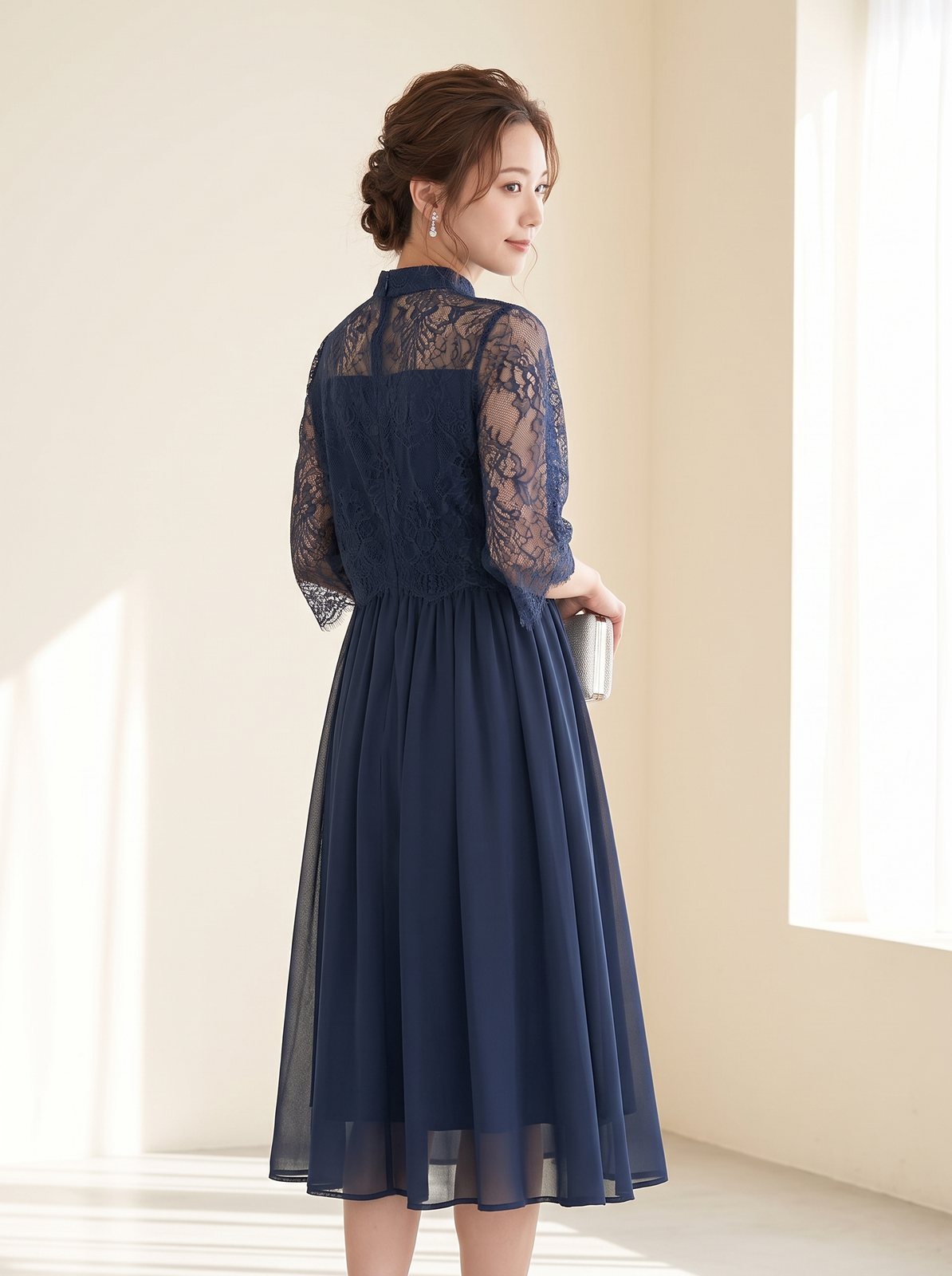 スタンドカラーレース ドッキングドレス(ネイビー・ブルー系・Lサイズ)| 名古屋のレンタルドレス24DRESS