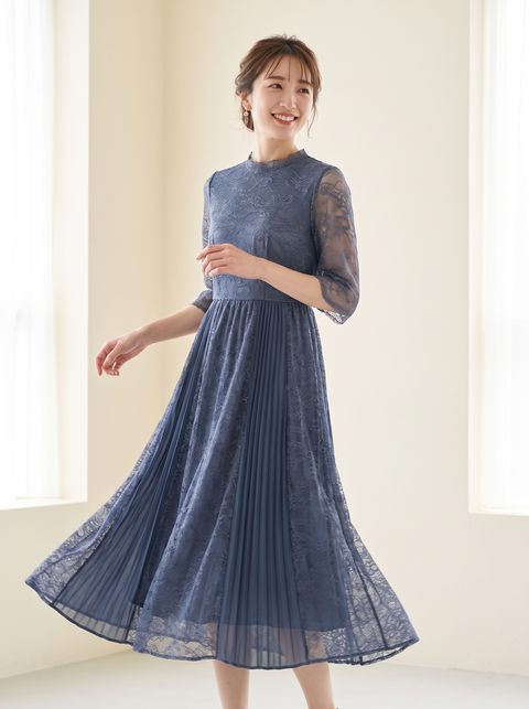 プリーツ切り替えレースドレス（ネイビー・ブルー系・Mサイズ）| 名古屋のレンタルドレス24DRESS